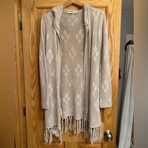Lovestitch Boho Fringe beige Open-Knit hooded Cardigan large